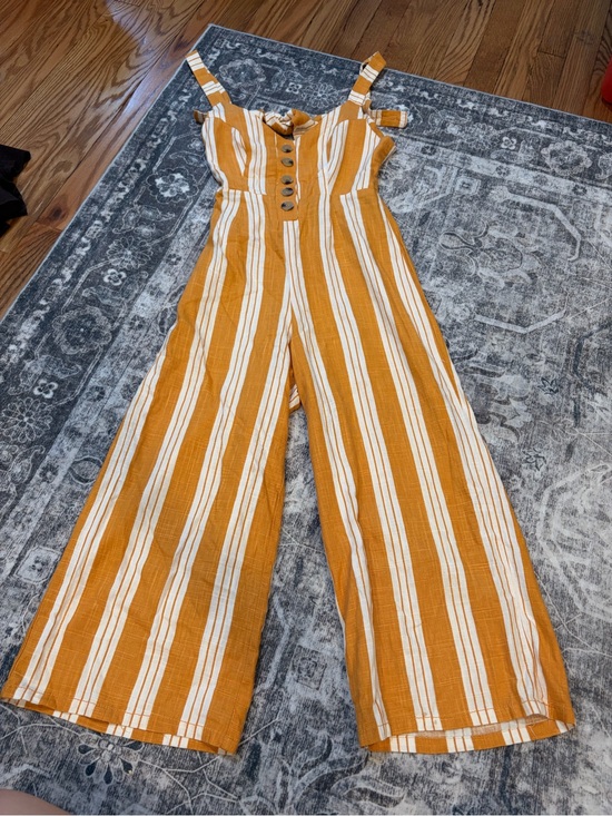 Cali1850 Pants - Striped Mustard Wide-Leg Button-Front Jumpsuit with Straps